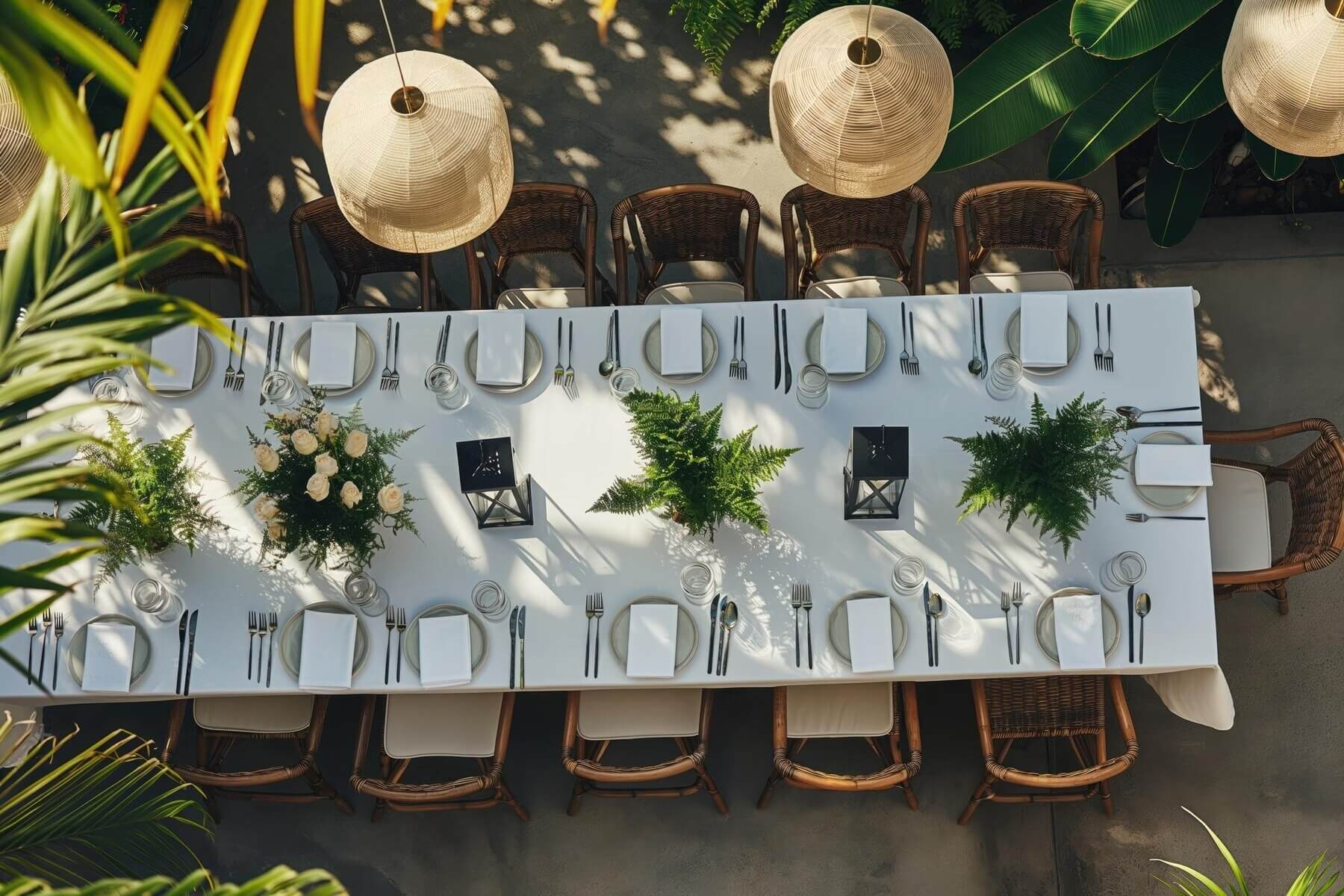 outdoor dining setup plants with white tablecloth plates flowers modern lanterns surround 1268487 1552 transformed