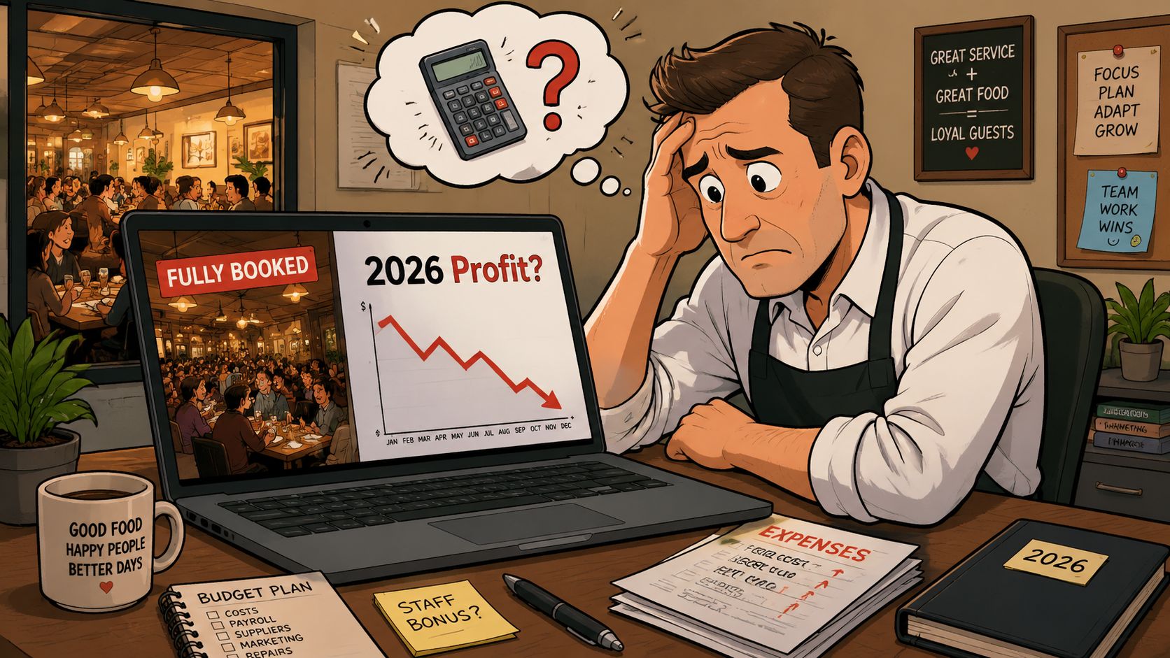 A stressed restaurant owner looks at a laptop screen showing a declining profit graph for 2026.