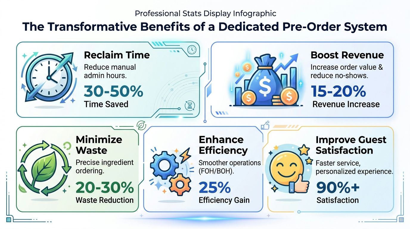 An infographic detailing five key benefits of implementing a dedicated pre-order system for restaurants and hospitality businesses.