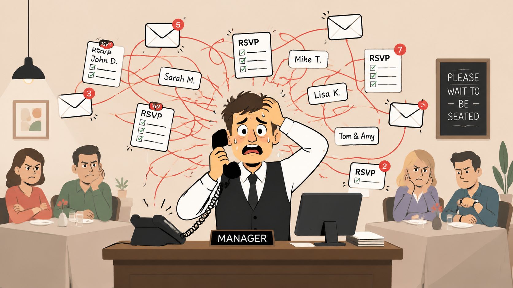 A stressed restaurant manager overwhelmed by phone calls and numerous reservation requests in a busy restaurant.