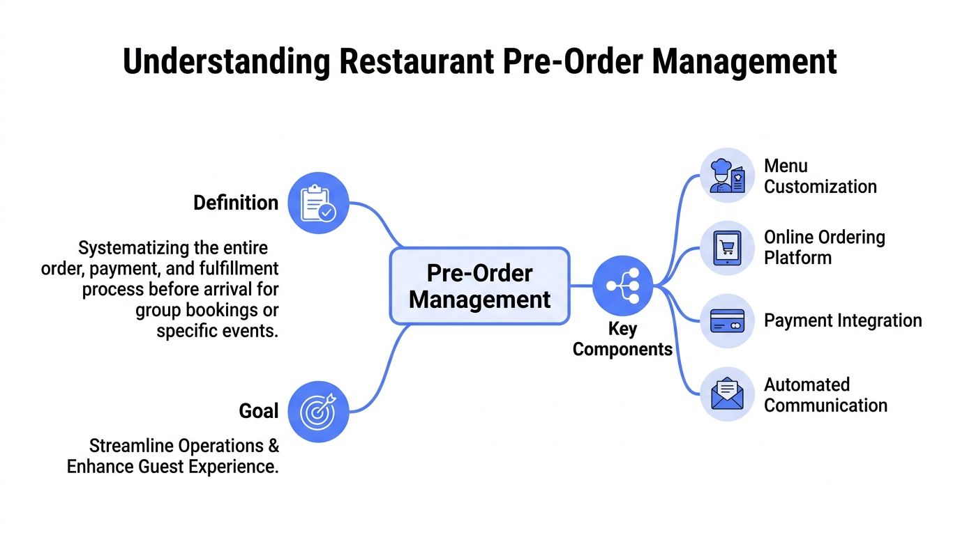 A mind map infographic illustrating the definition, goals, and key components of restaurant pre-order management.