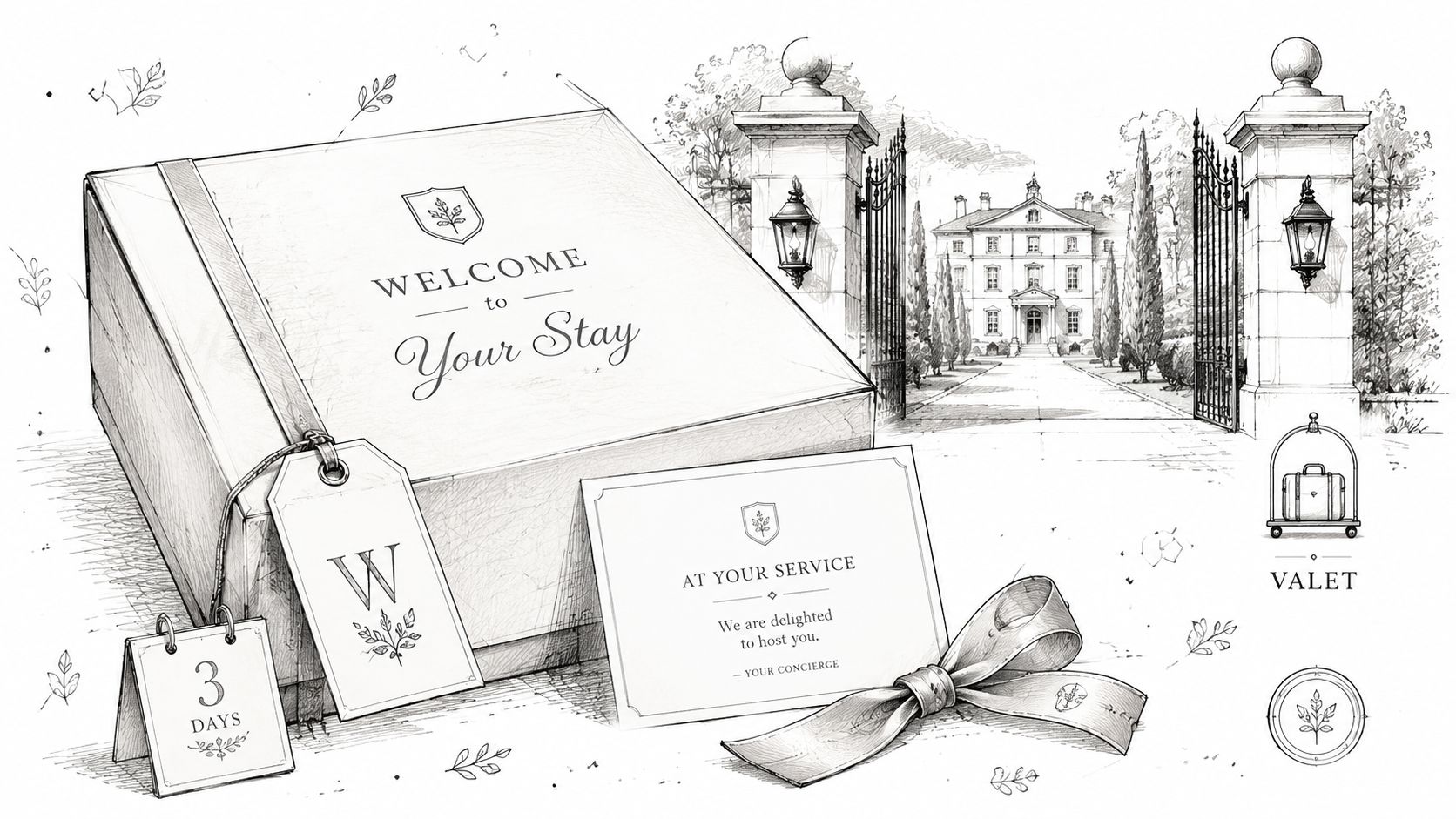 A sophisticated pencil sketch depicting a luxury hotel welcome gift box, greeting card, and estate entrance.
