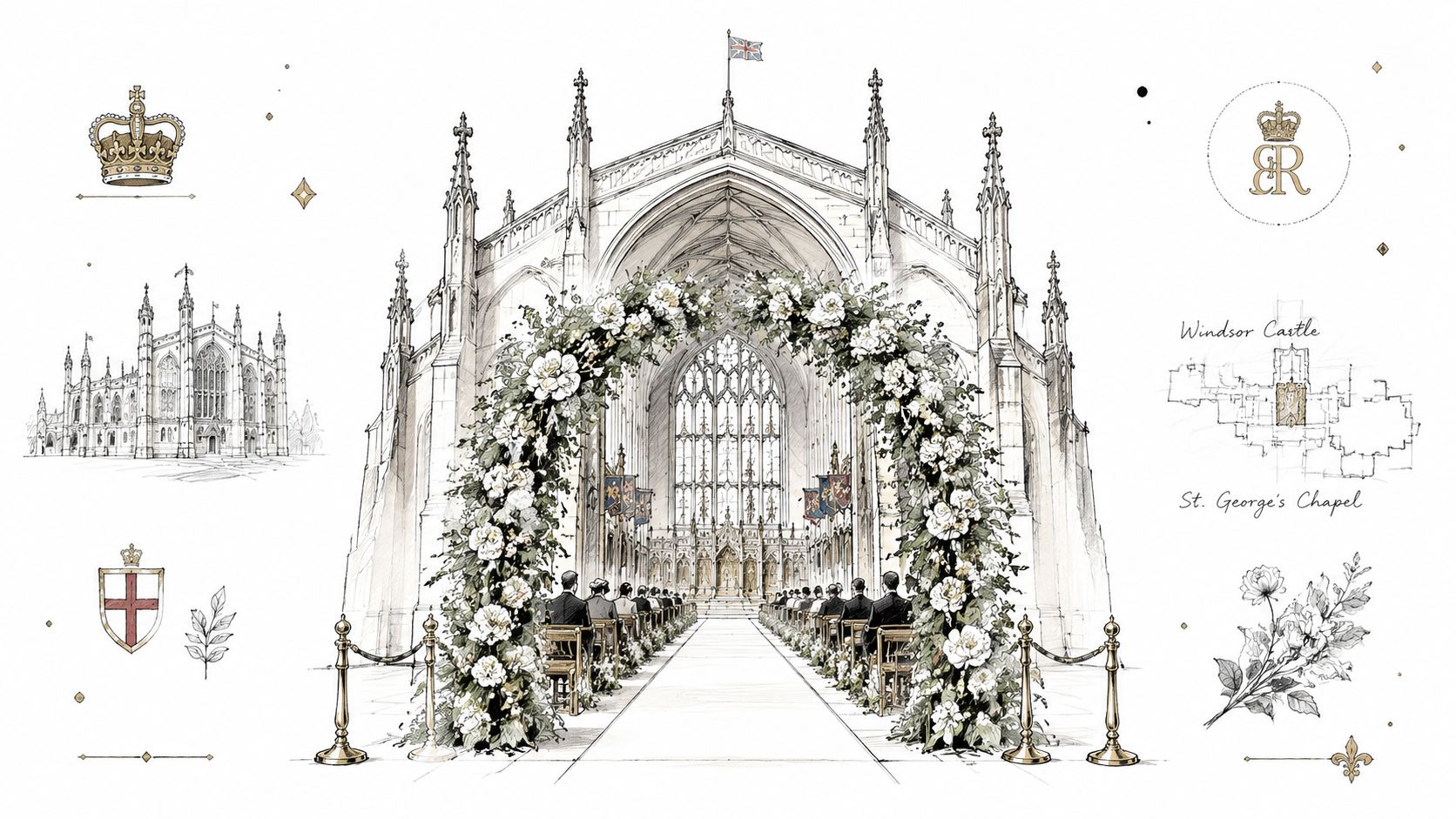 An elegant watercolor sketch of St. George's Chapel interior decorated with a large floral wedding arch.