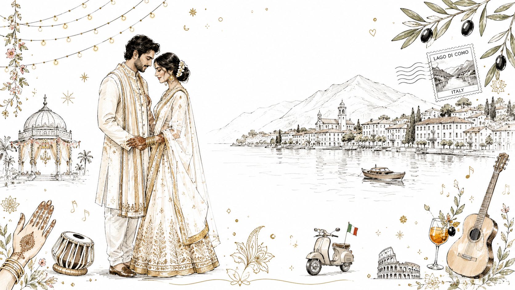A couple in traditional Indian wedding attire standing before a scenic Lake Como illustration with Italian motifs.