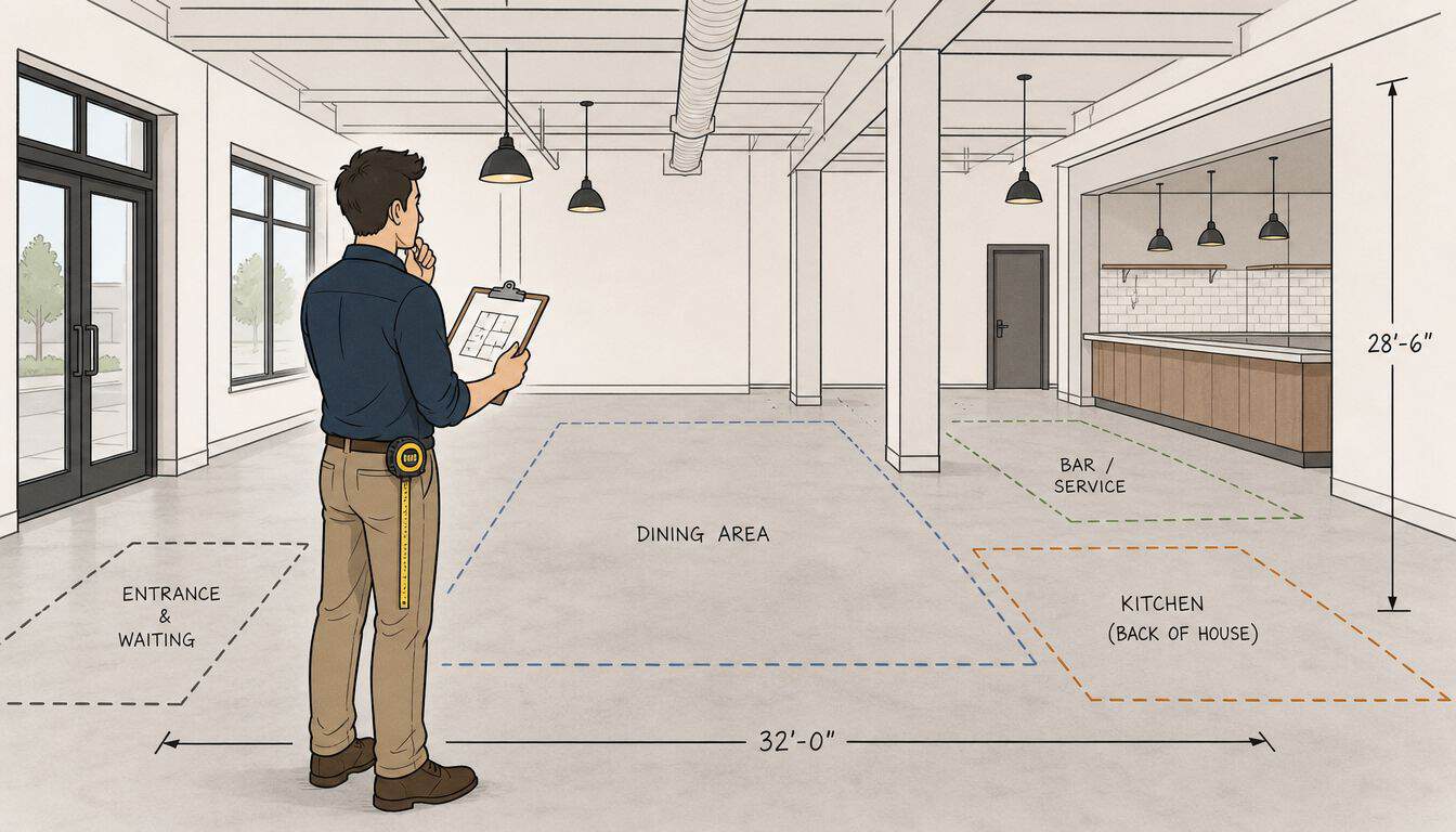 A contractor looking at a floor plan sketch of an empty restaurant space with marked zones.