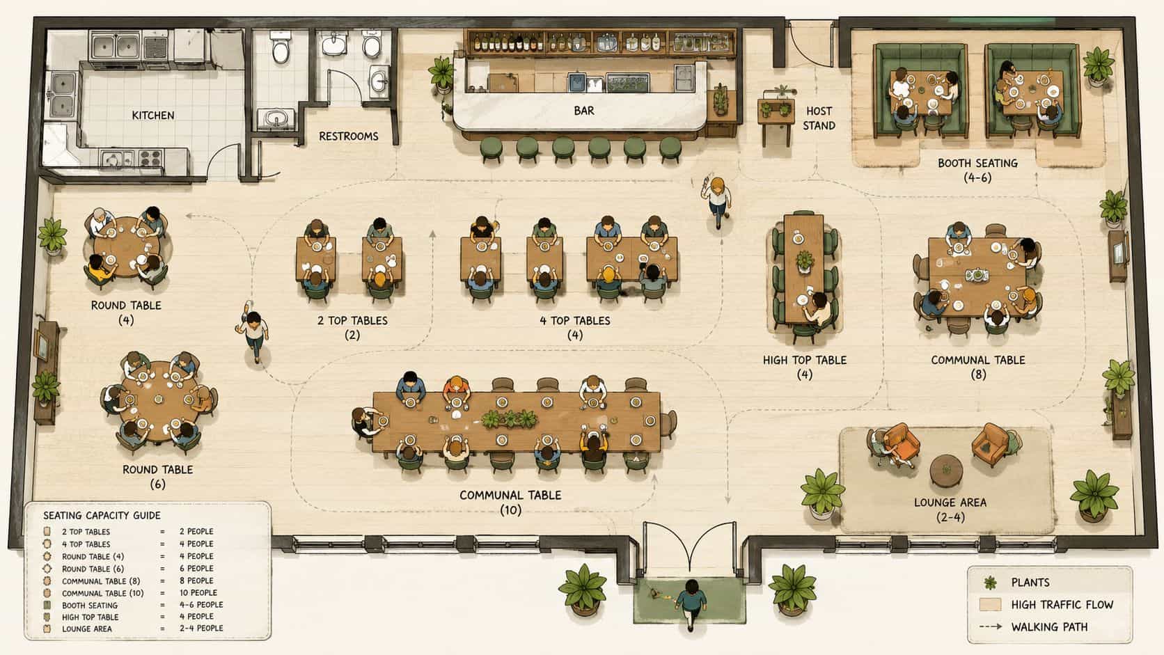 Detailed top-down floor plan design of a restaurant showing seating arrangements and traffic flow patterns.