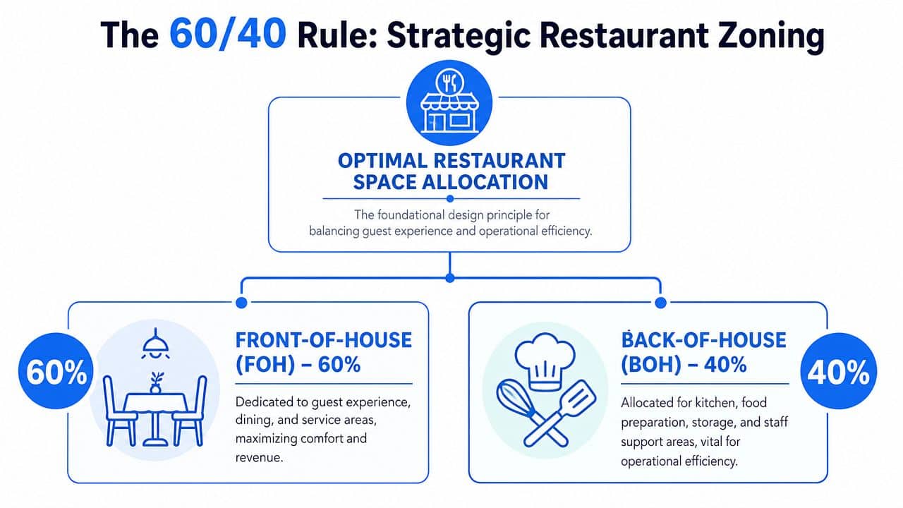 An infographic illustrating the 60/40 rule for optimal restaurant space allocation between front-of-house and back-of-house areas.