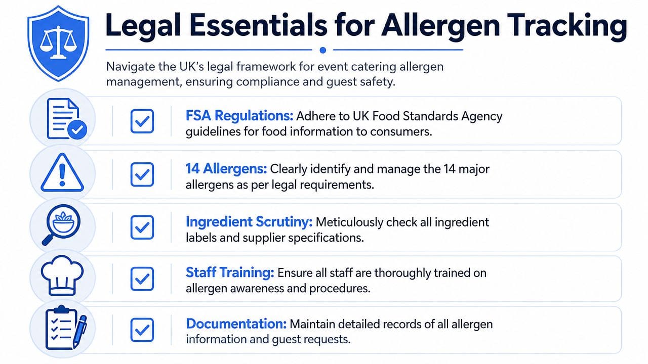 An infographic outlining the legal requirements and best practices for managing food allergens in event catering.