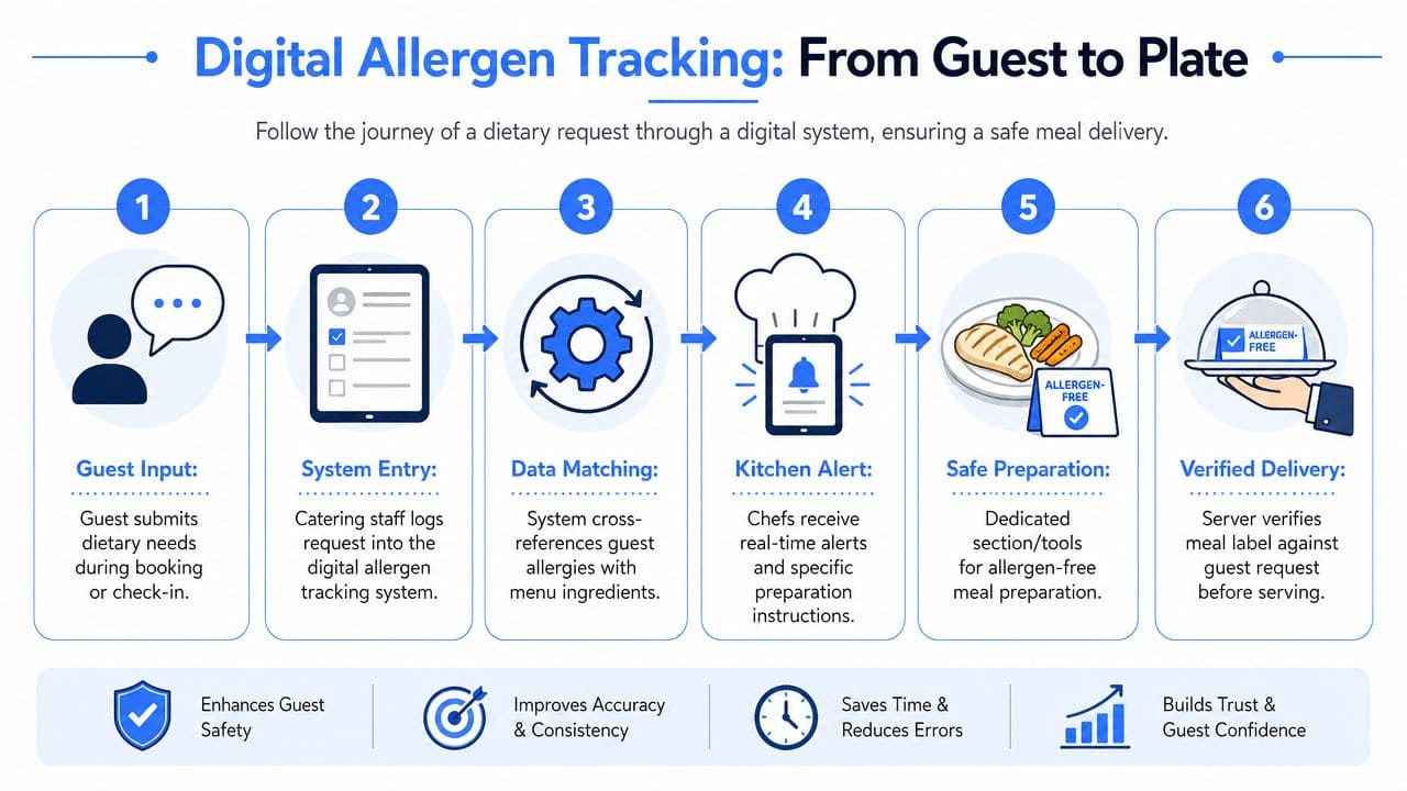 A six-step infographic showing the digital allergen tracking process in catering from guest input to delivery.