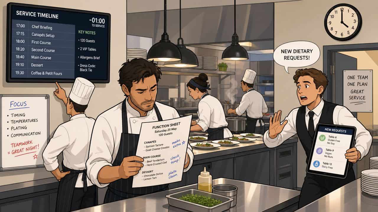 A professional kitchen team coordinates service tasks and dietary requests before a large event dinner service.