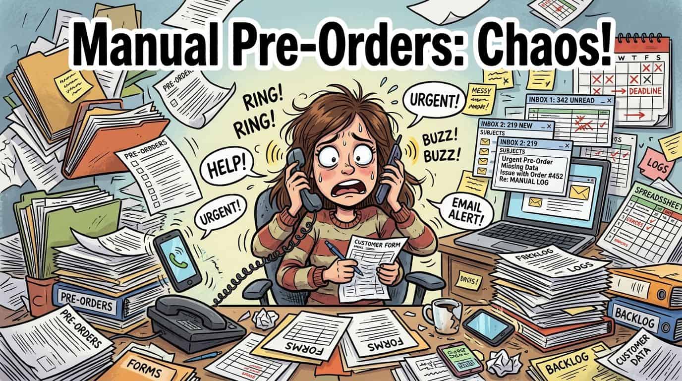 Stressed office worker managing chaotic manual pre-order forms, phone calls, and digital notifications at a cluttered desk.