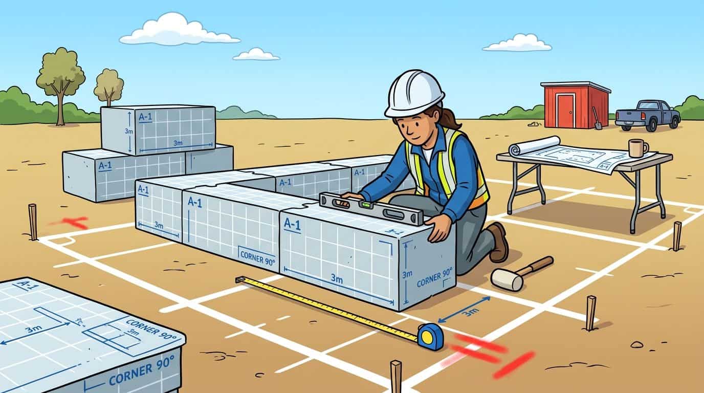 A female construction worker using a level to align large foundation blocks at a building site.