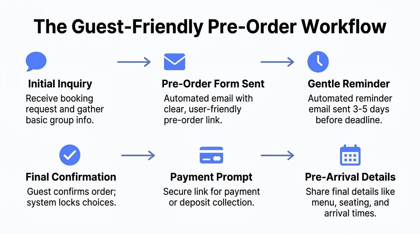 A diagram illustrating the six steps of a guest-friendly pre-order workflow for group bookings.