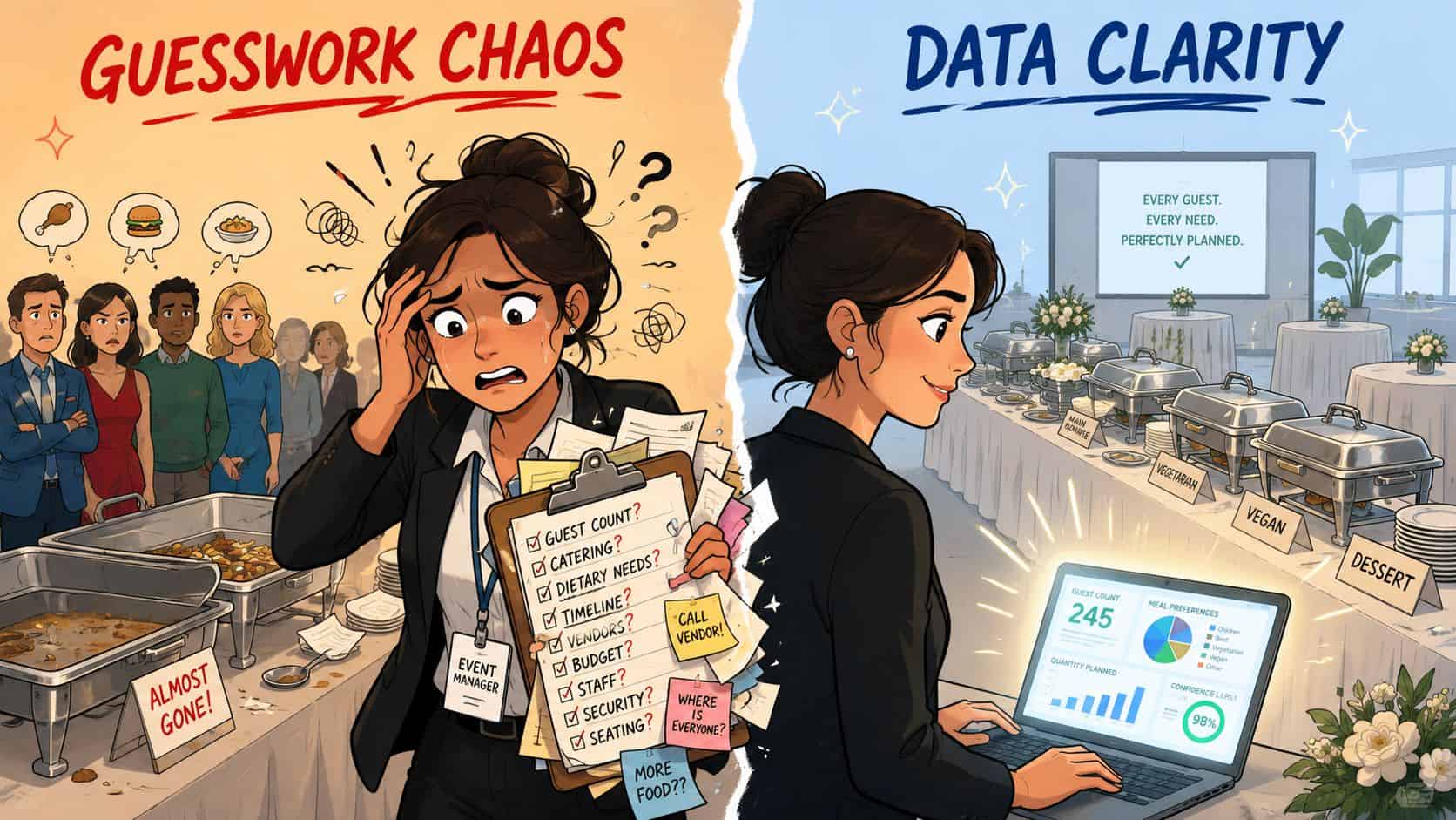 A split comparison showing an overwhelmed event manager facing chaos versus one using data for successful planning.