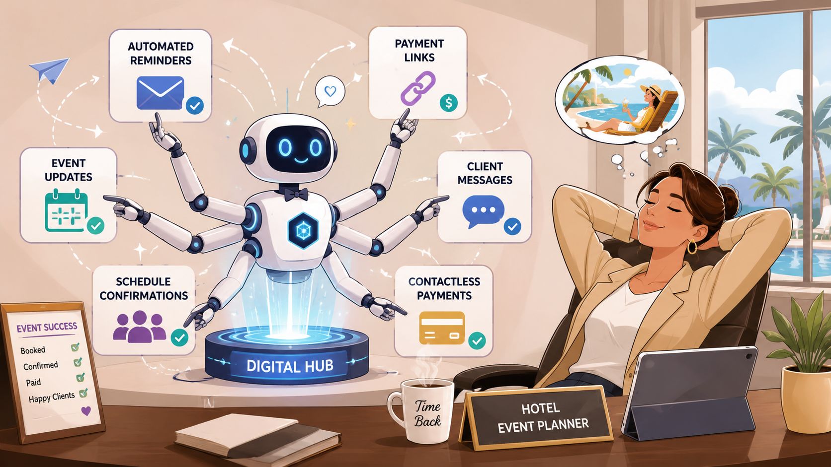 A digital robot assistant managing hotel event tasks while a relaxed event planner dreams of vacation.