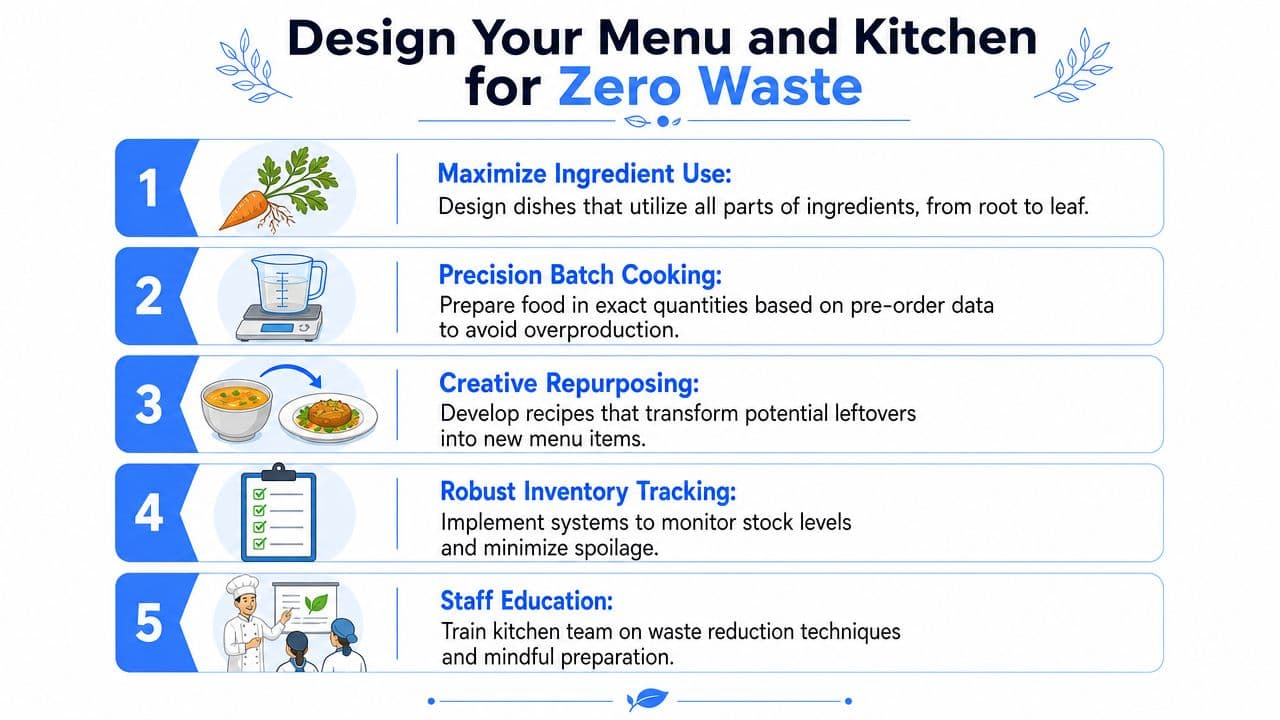 A list of five steps for designing a zero waste menu and kitchen environment.