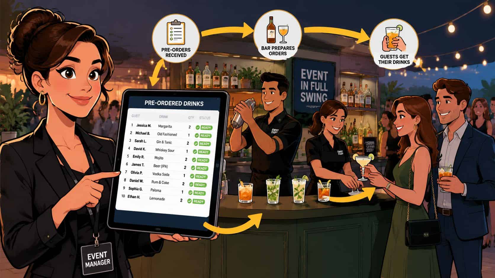 An event manager presenting a digital tablet displaying pre-ordered drinks for guests at a bar.