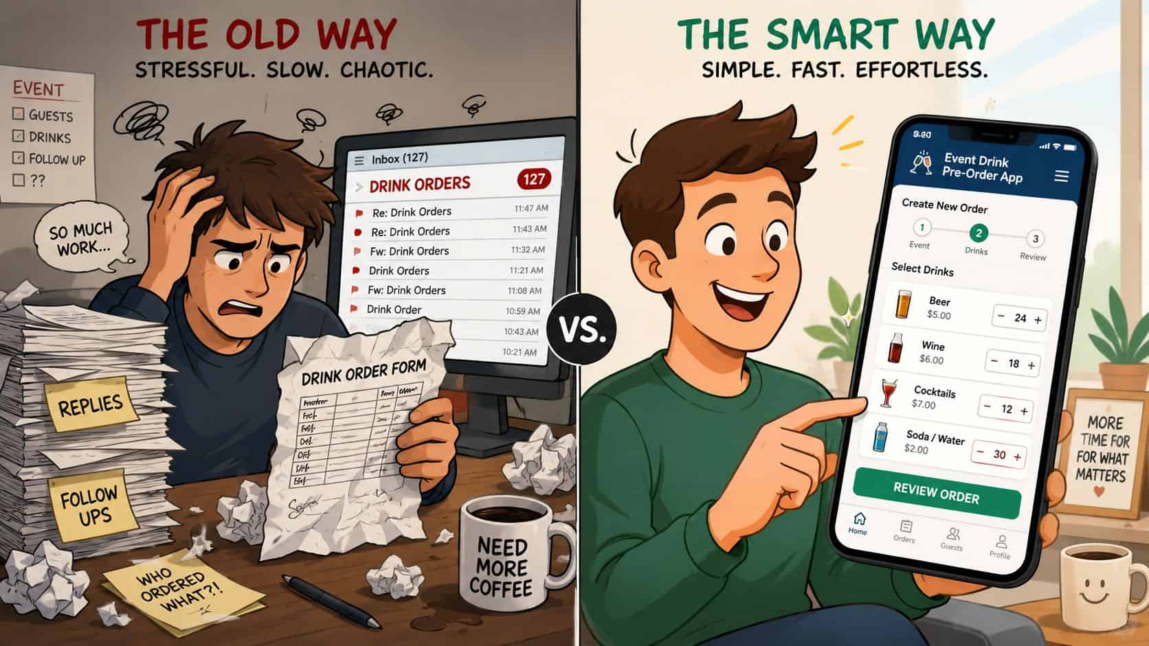 A comparison showing a stressed person managing event drink orders manually versus a relaxed person using an app.