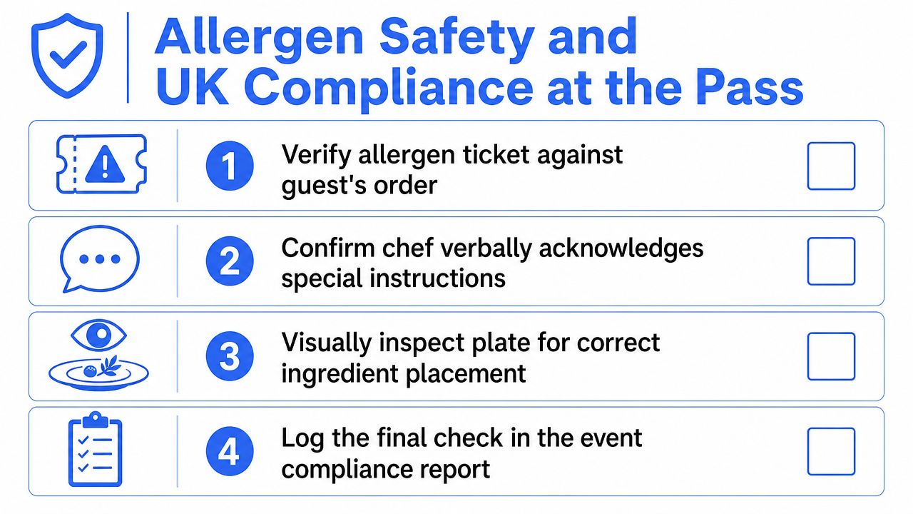 A checklist infographic outlining four critical steps for maintaining allergen safety and UK compliance at the kitchen pass.