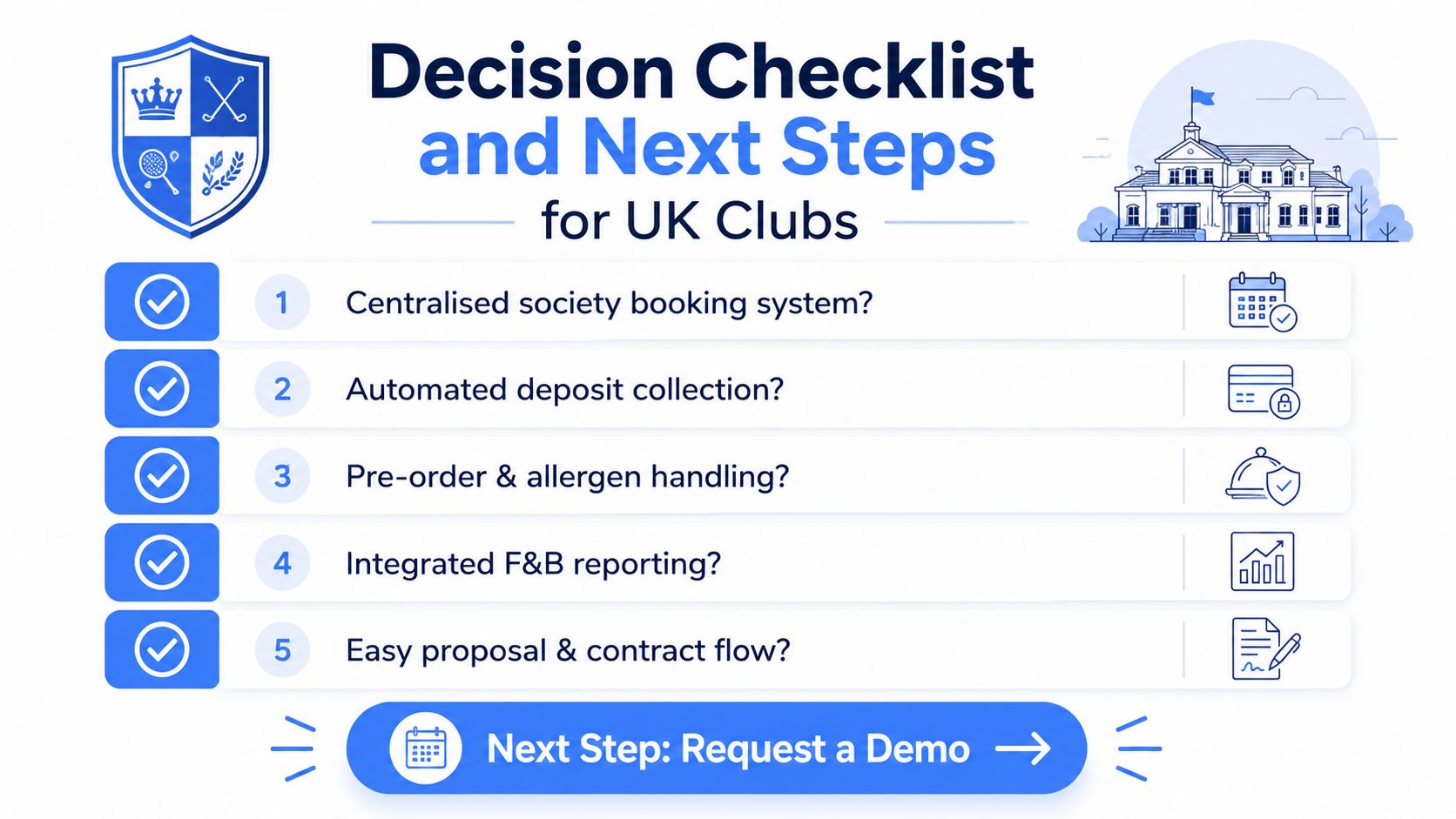 A professional decision checklist for UK golf clubs highlighting essential software features for booking and event management.