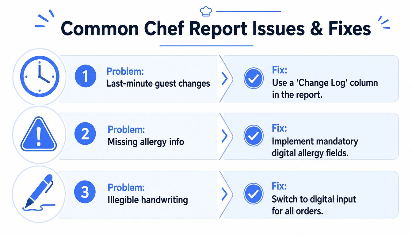 A chart detailing common issues with chef reports and their corresponding digital solutions for restaurant efficiency.