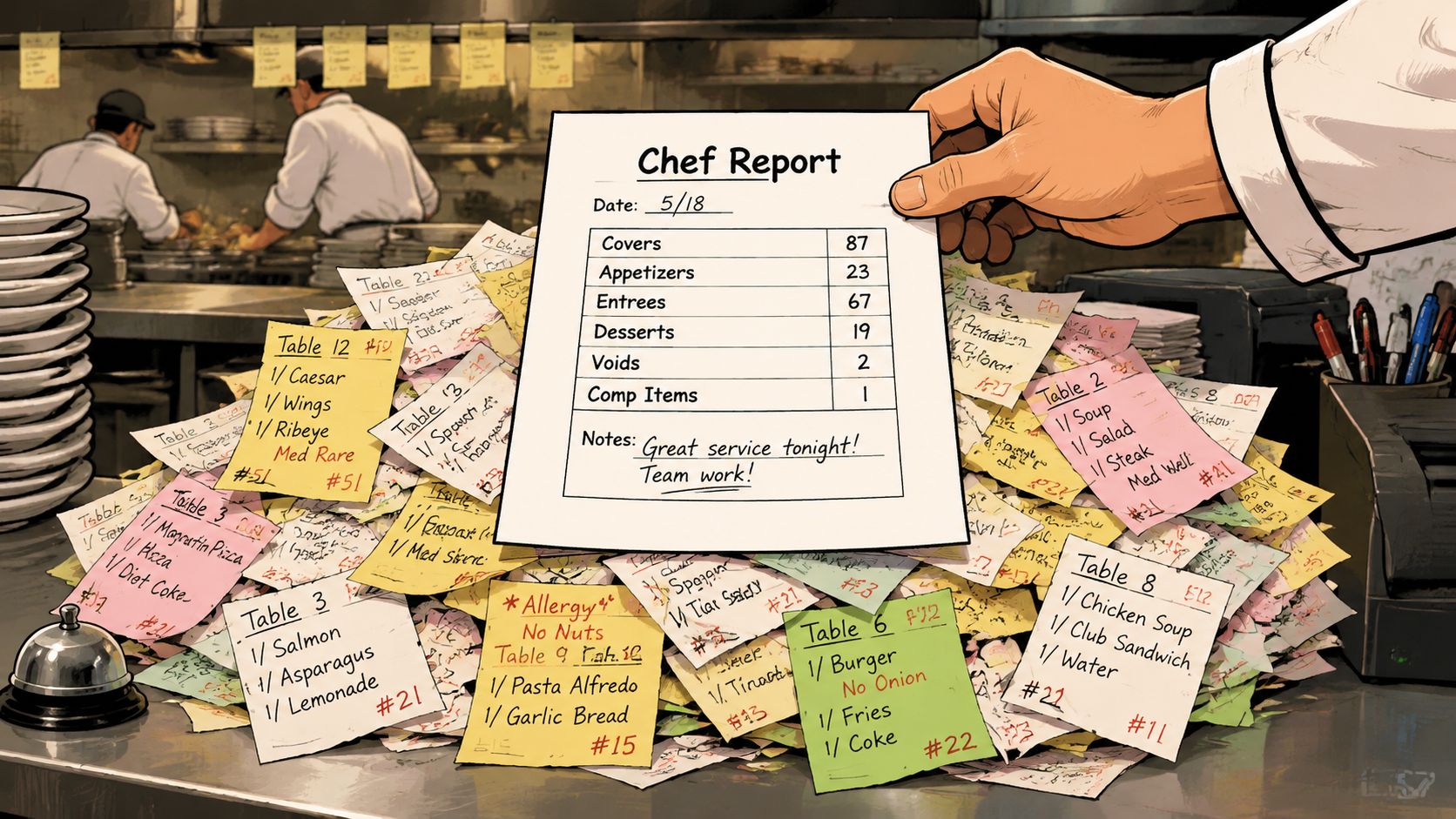 A chef holds a hand-written daily report card above a messy pile of various restaurant order tickets.