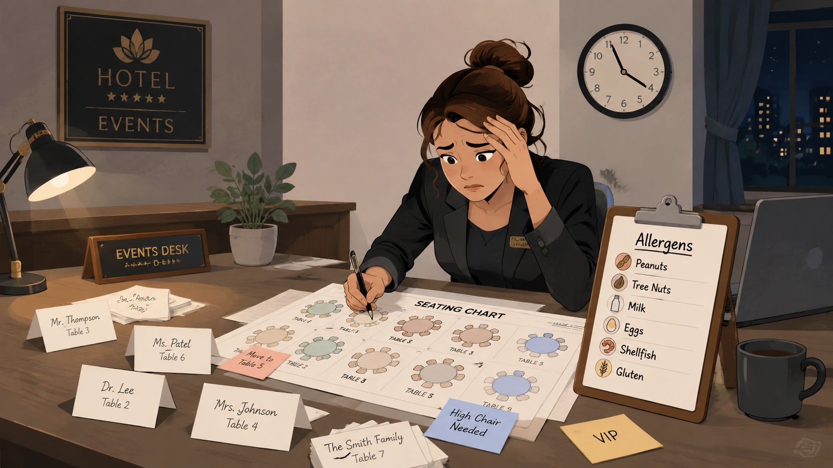 Stressed event coordinator looking at a seating chart and allergen list at an office desk.