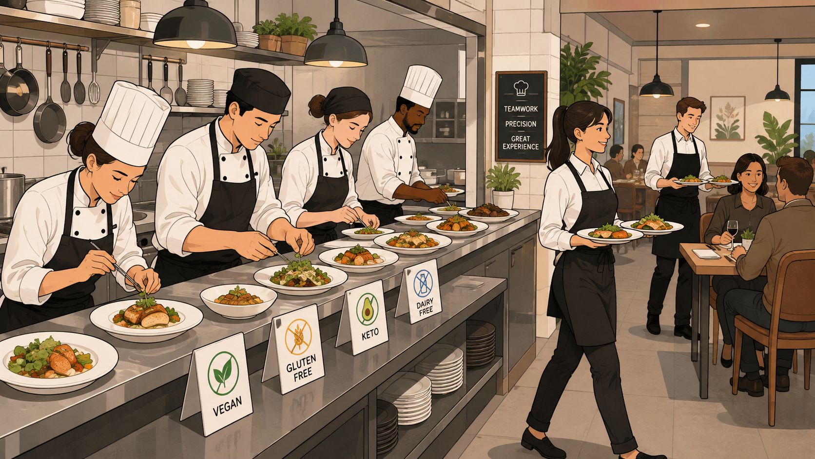 Professional chefs preparing diverse, diet-specific meals in a busy, modern restaurant kitchen for dining customers.