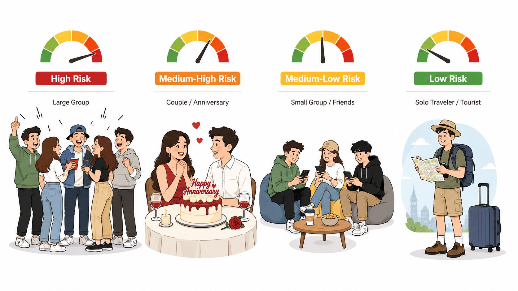 A risk assessment graphic showing different traveler types categorized by social distance and risk levels.