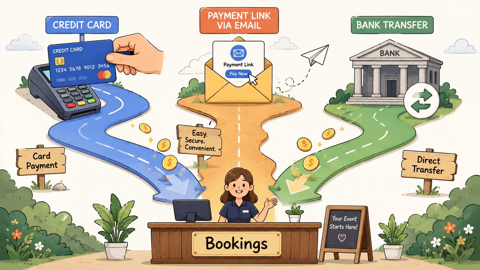 An illustration showing three different payment methods for event bookings including credit card, payment link, and bank transfer.