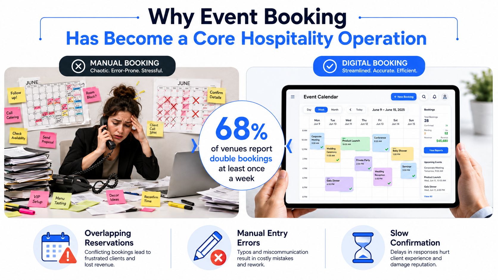 A comparison between chaotic manual event booking and streamlined digital software solutions for venue management professionals.