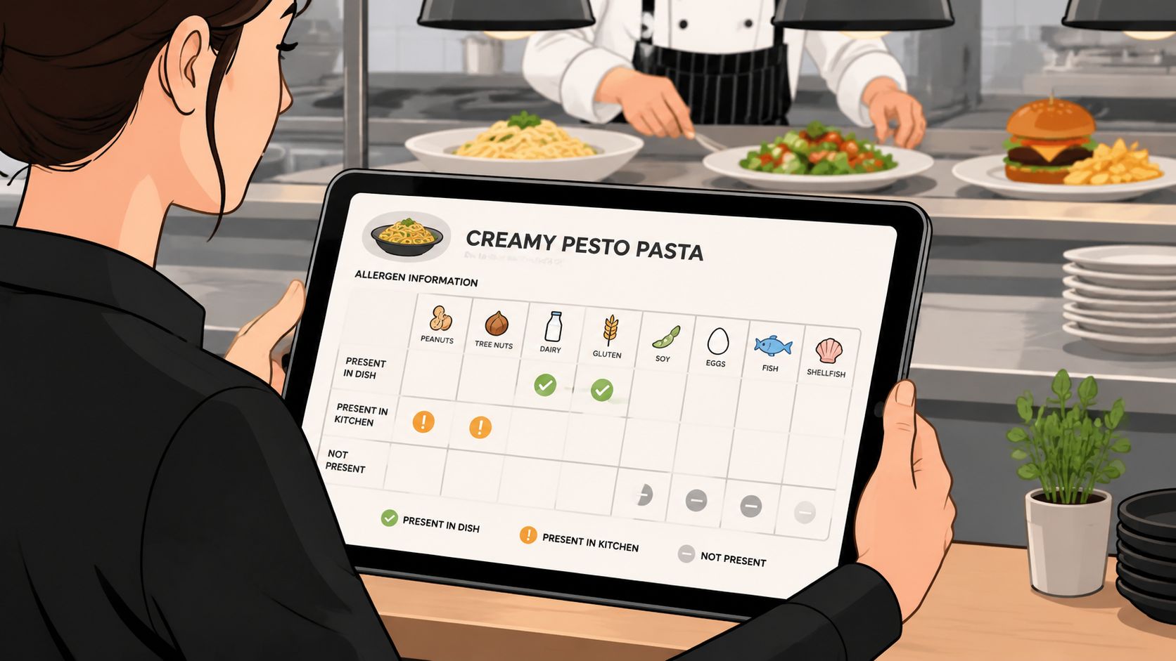 A server holding a digital tablet displaying allergen information for a creamy pesto pasta dish in a restaurant.