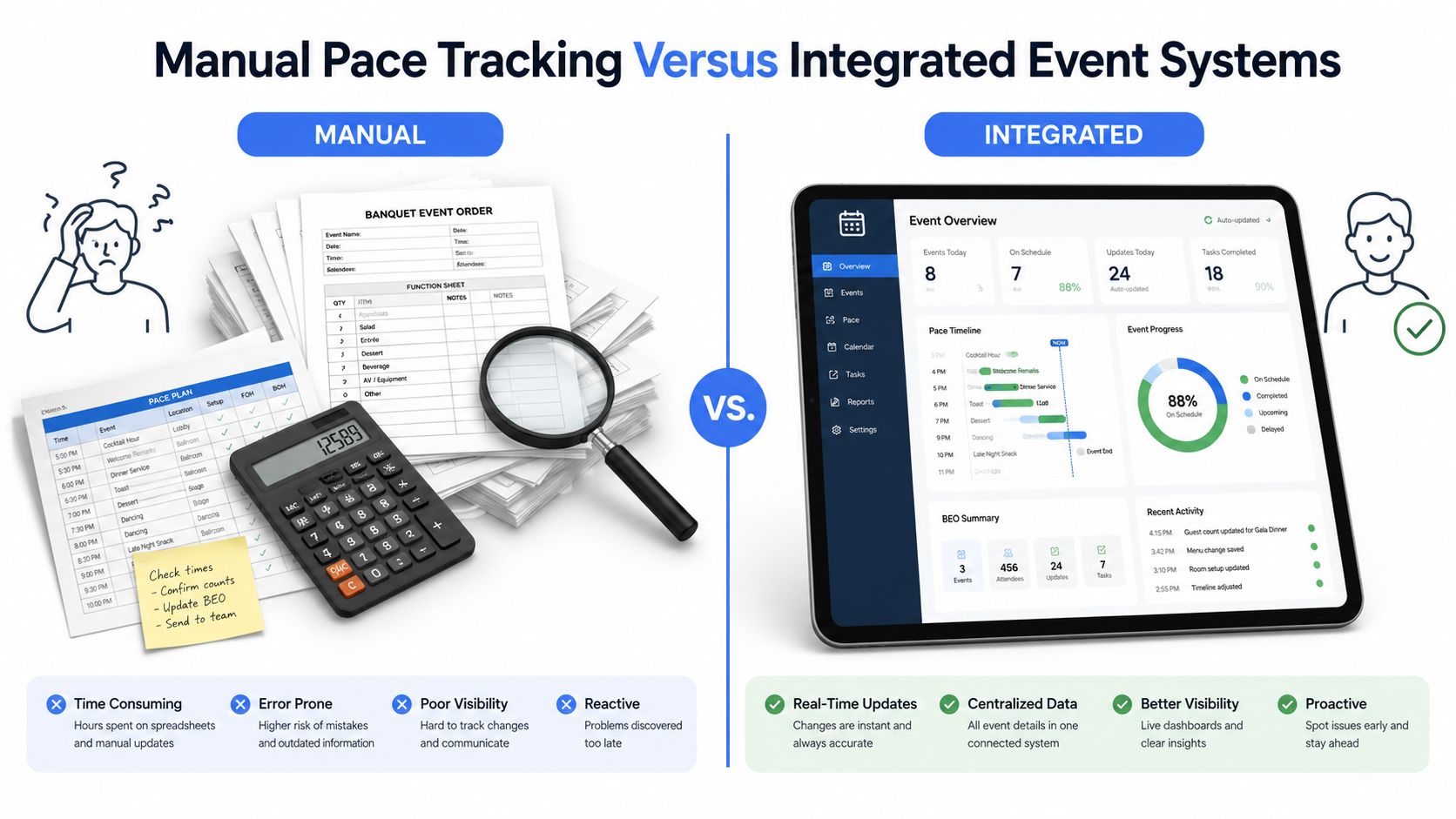 A comparison infographic showing inefficient manual event tracking versus efficient, modern integrated event management software systems.