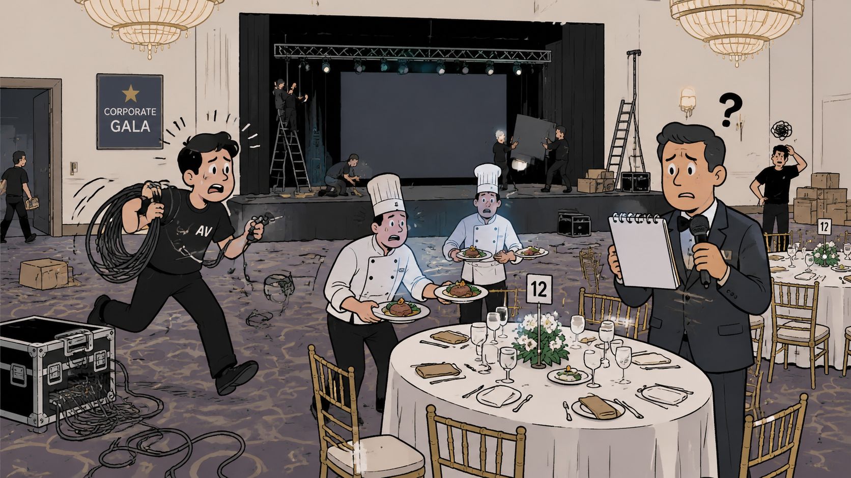 A chaotic scene at a corporate gala event with stressed event staff, including technicians and servers.