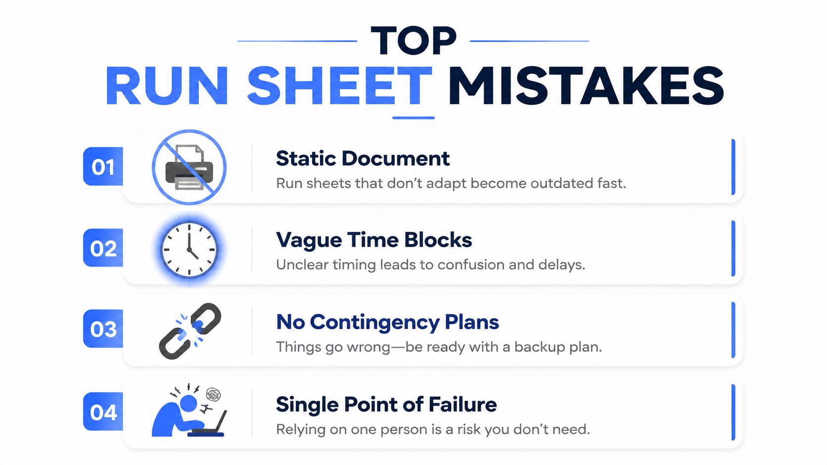 An infographic titled Top Run Sheet Mistakes listing four common errors when creating event production run sheets.