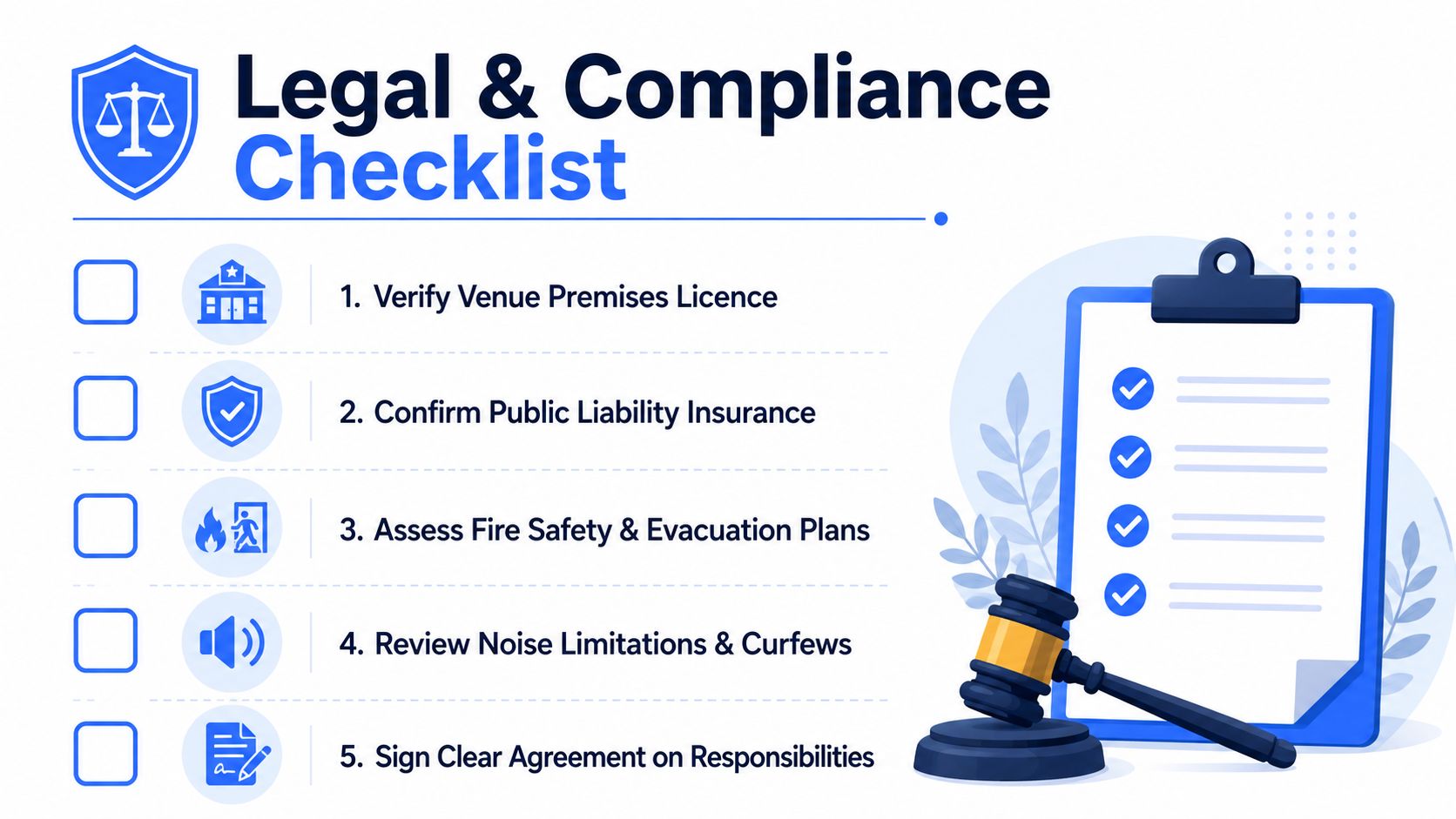 A digital checklist titled Legal & Compliance for venue managers highlighting key safety and legal requirements.