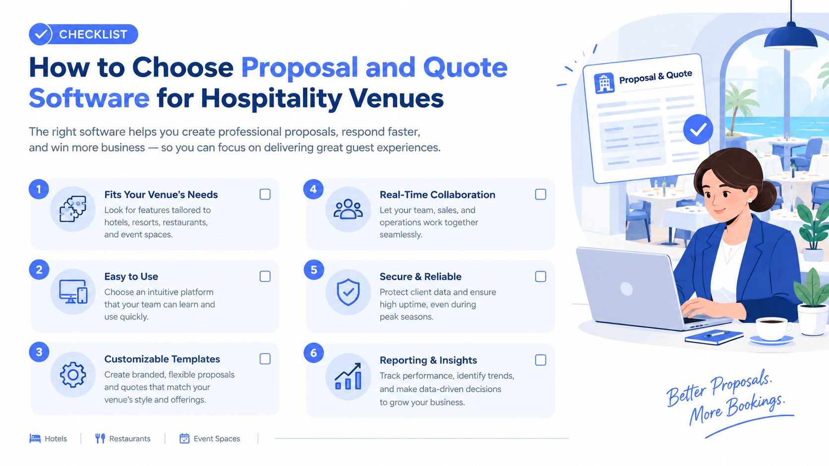 A checklist infographic illustrating six essential criteria for choosing hospitality venue proposal and quote software.
