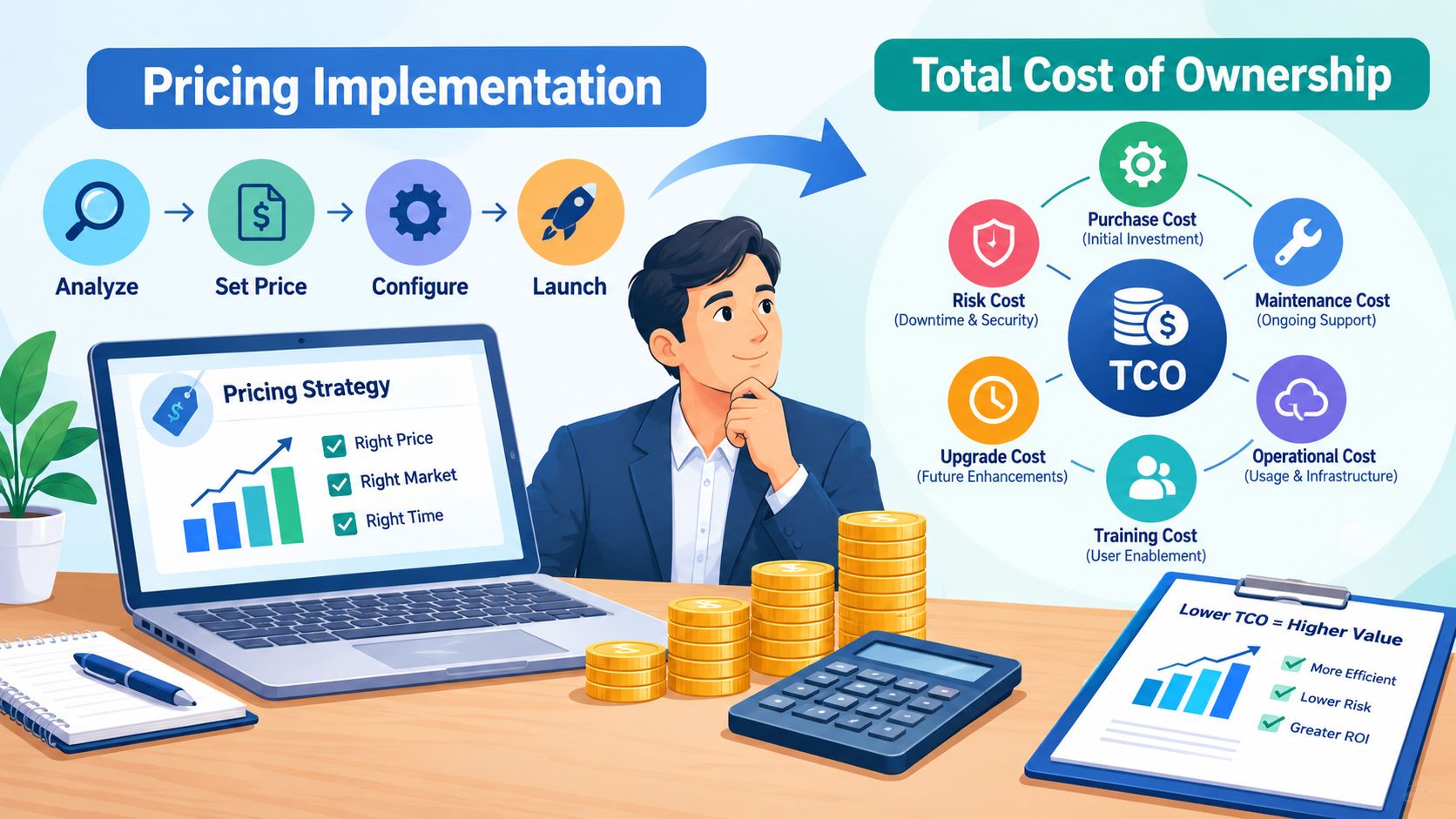 A professional man reviewing pricing implementation strategies and the total cost of ownership on a laptop.
