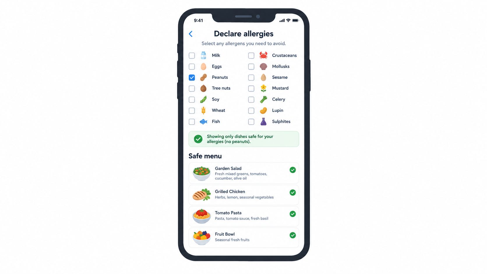 A smartphone app displaying a food allergy declaration screen with selected allergens and a filtered safe menu.