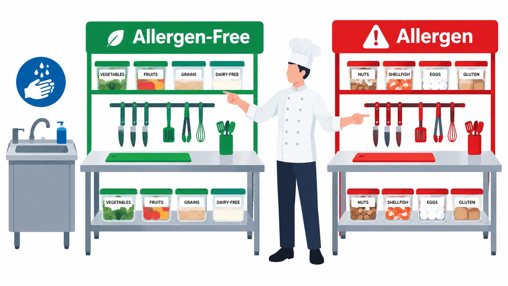 A professional chef demonstrating kitchen organization separating allergen-free ingredients from common allergens for food safety.