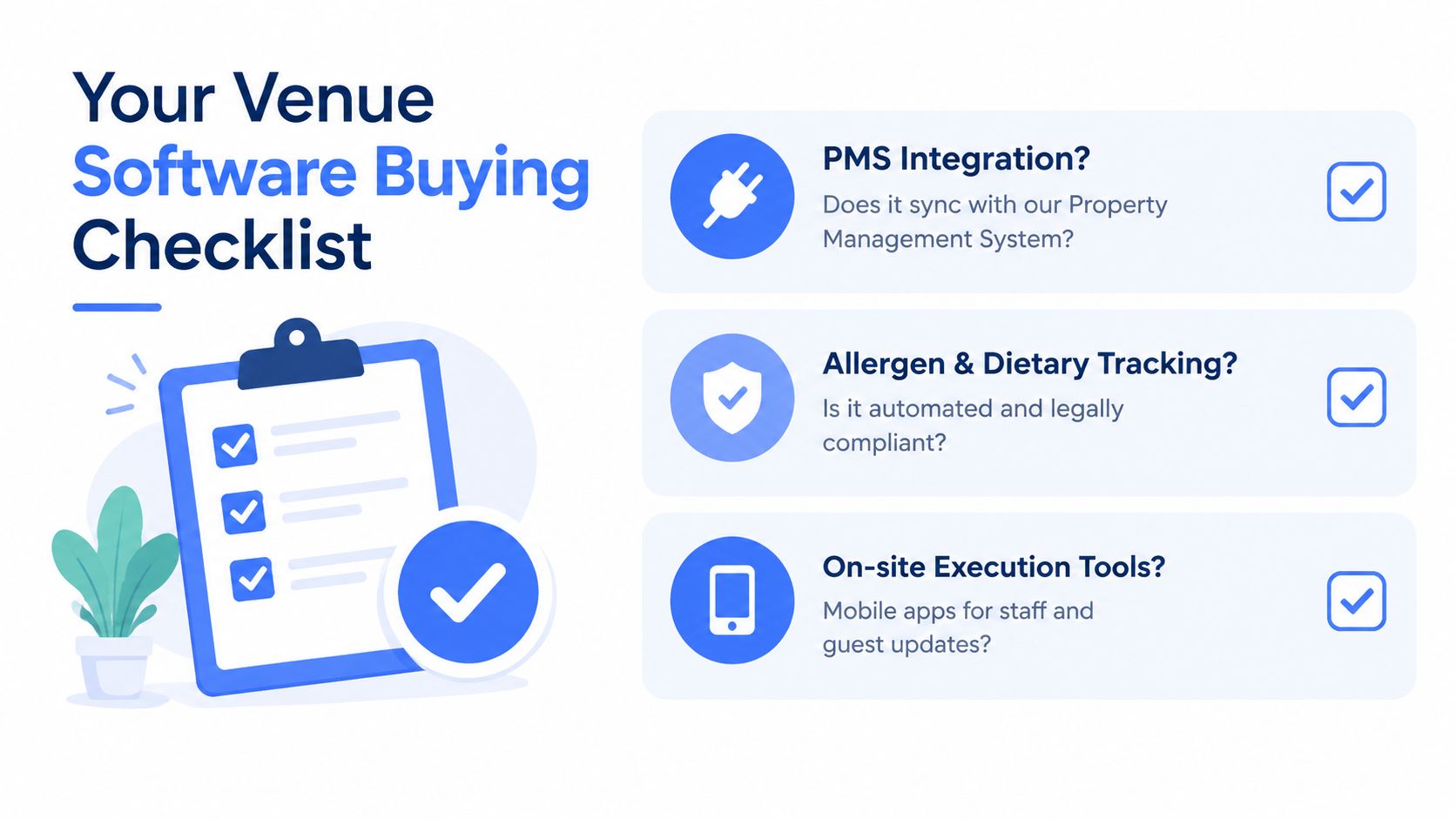 A visual checklist infographic for evaluating venue management software featuring PMS integration, allergen tracking, and execution tools.