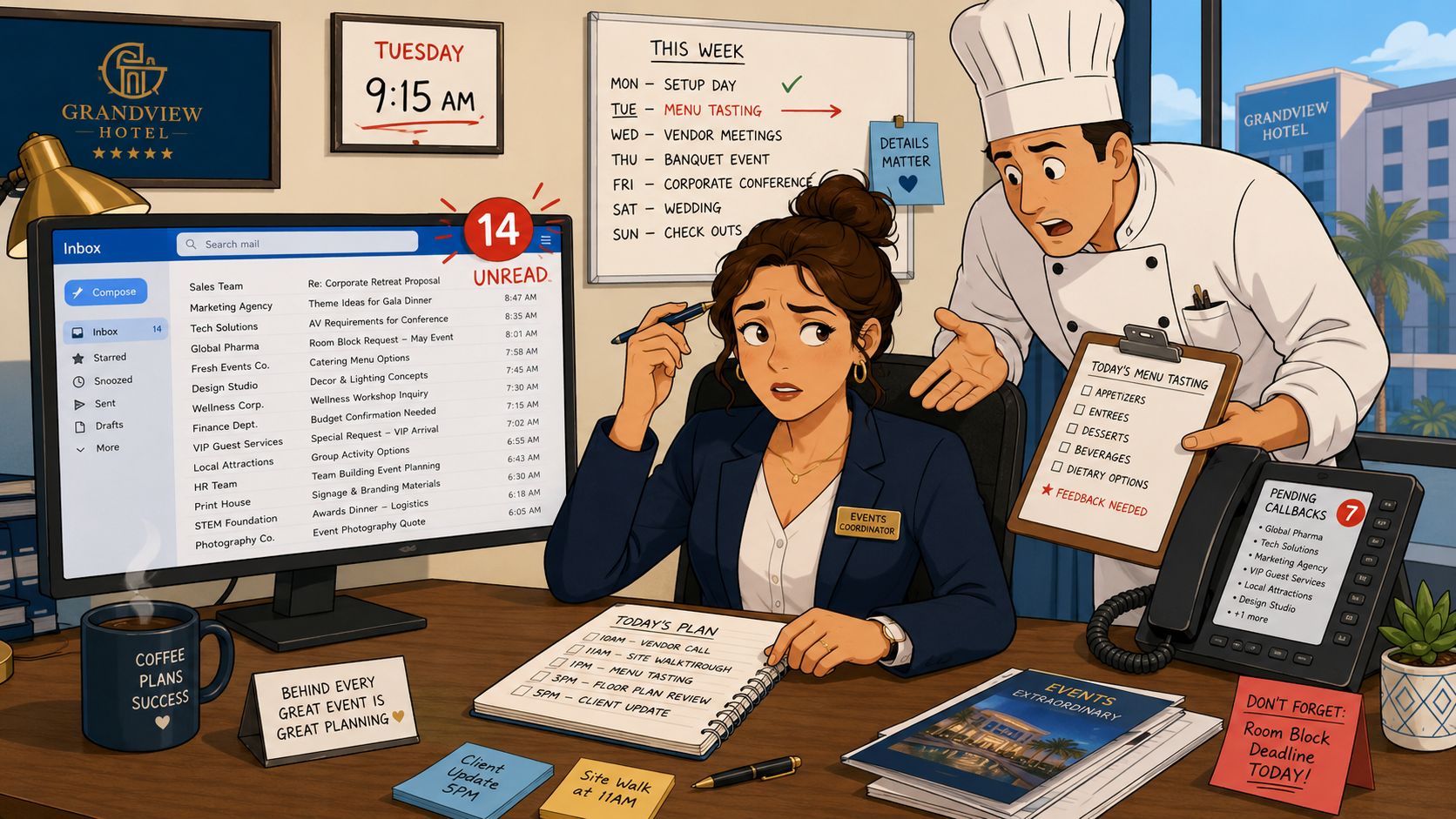 An events coordinator at a hotel desk looking stressed while a chef shows her a menu tasting checklist.