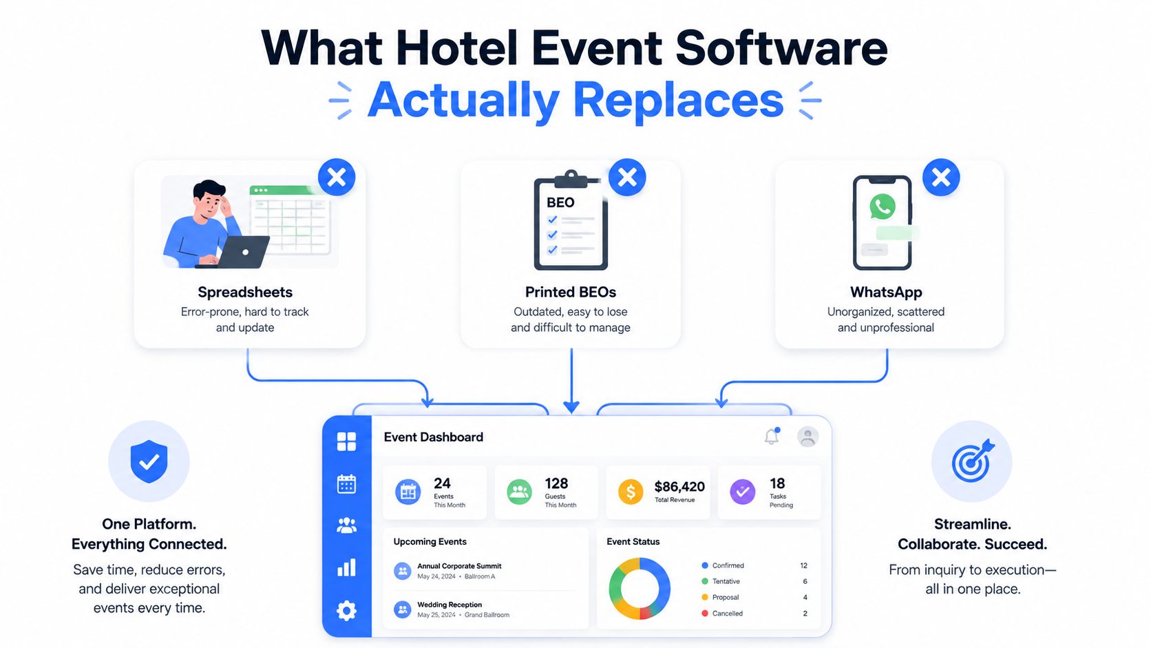 A diagram illustrating how hotel event software replaces inefficient spreadsheets, printed BEOs, and WhatsApp for better management.
