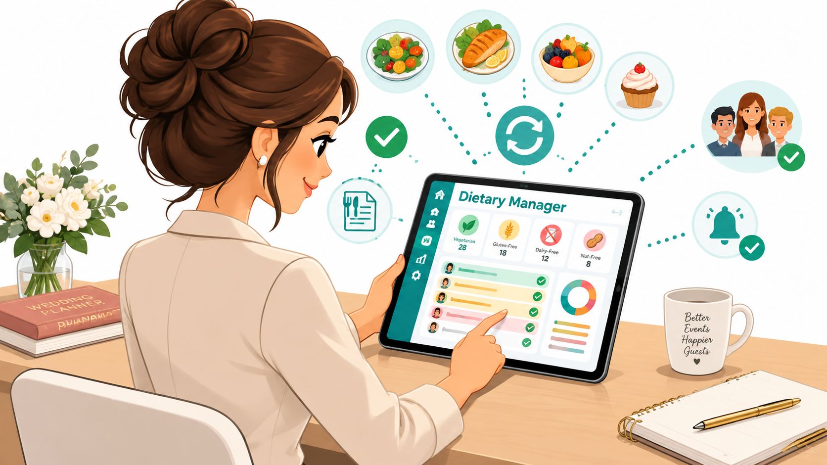 A professional wedding planner using a tablet to organize dietary requirements and guest meal preferences efficiently.