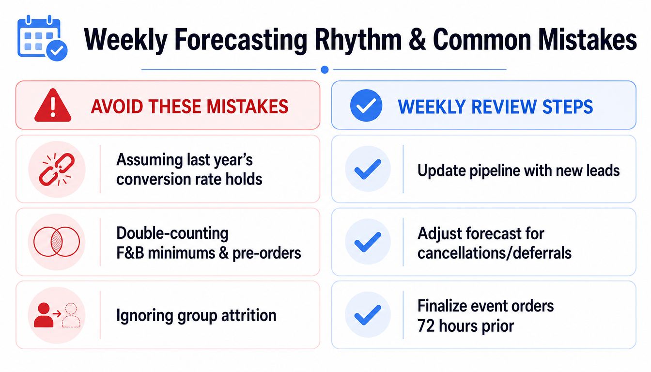A chart detailing weekly forecasting rhythm for venues, listing common mistakes to avoid and essential review steps.