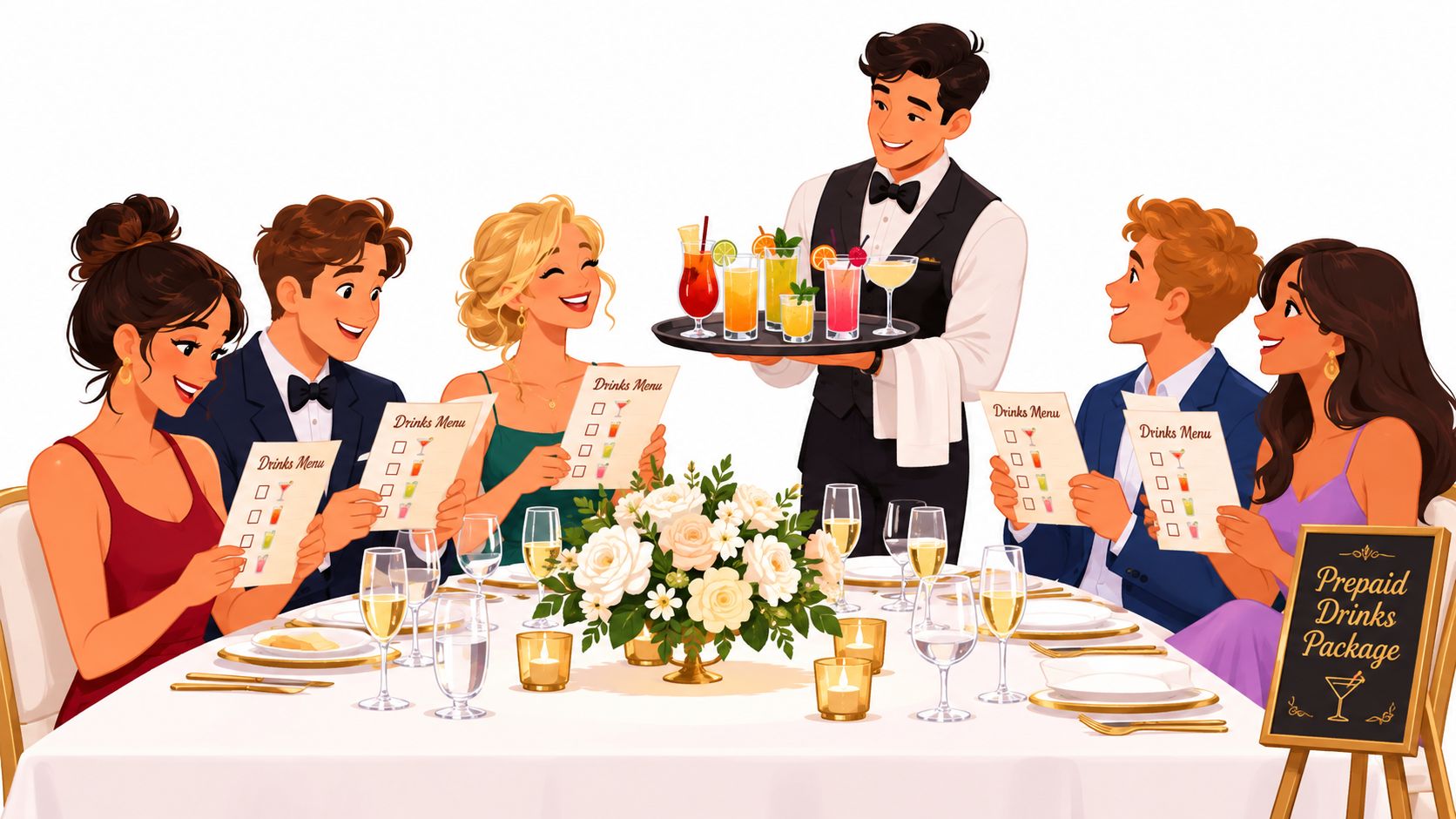 A waiter serving drinks to a group of well-dressed friends at a formal dinner party table.