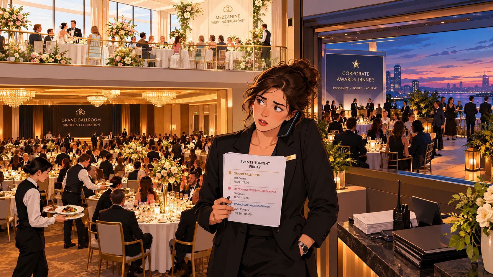 A professional event coordinator holding an event schedule in a bustling hotel ballroom and banquet venue.