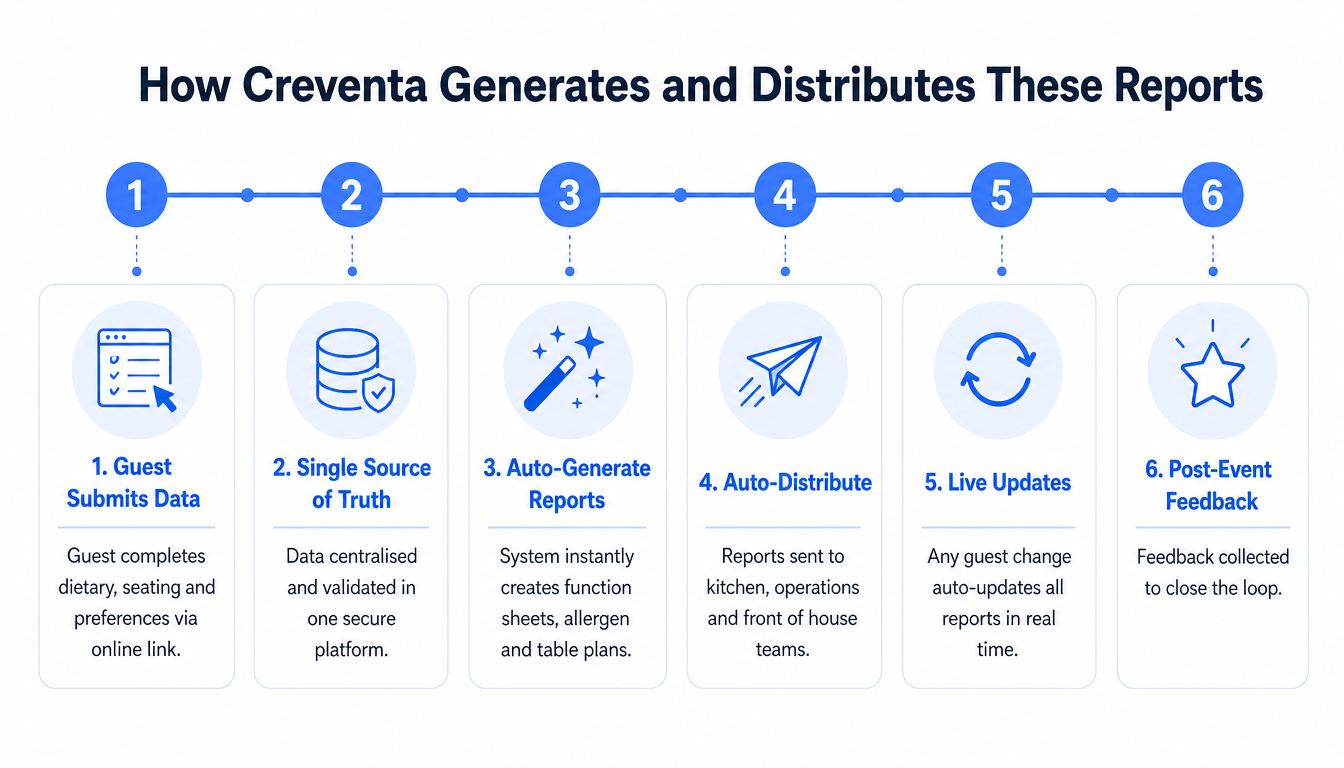A six-step infographic illustrating how the Creventa platform generates and distributes event reports for hospitality venues.