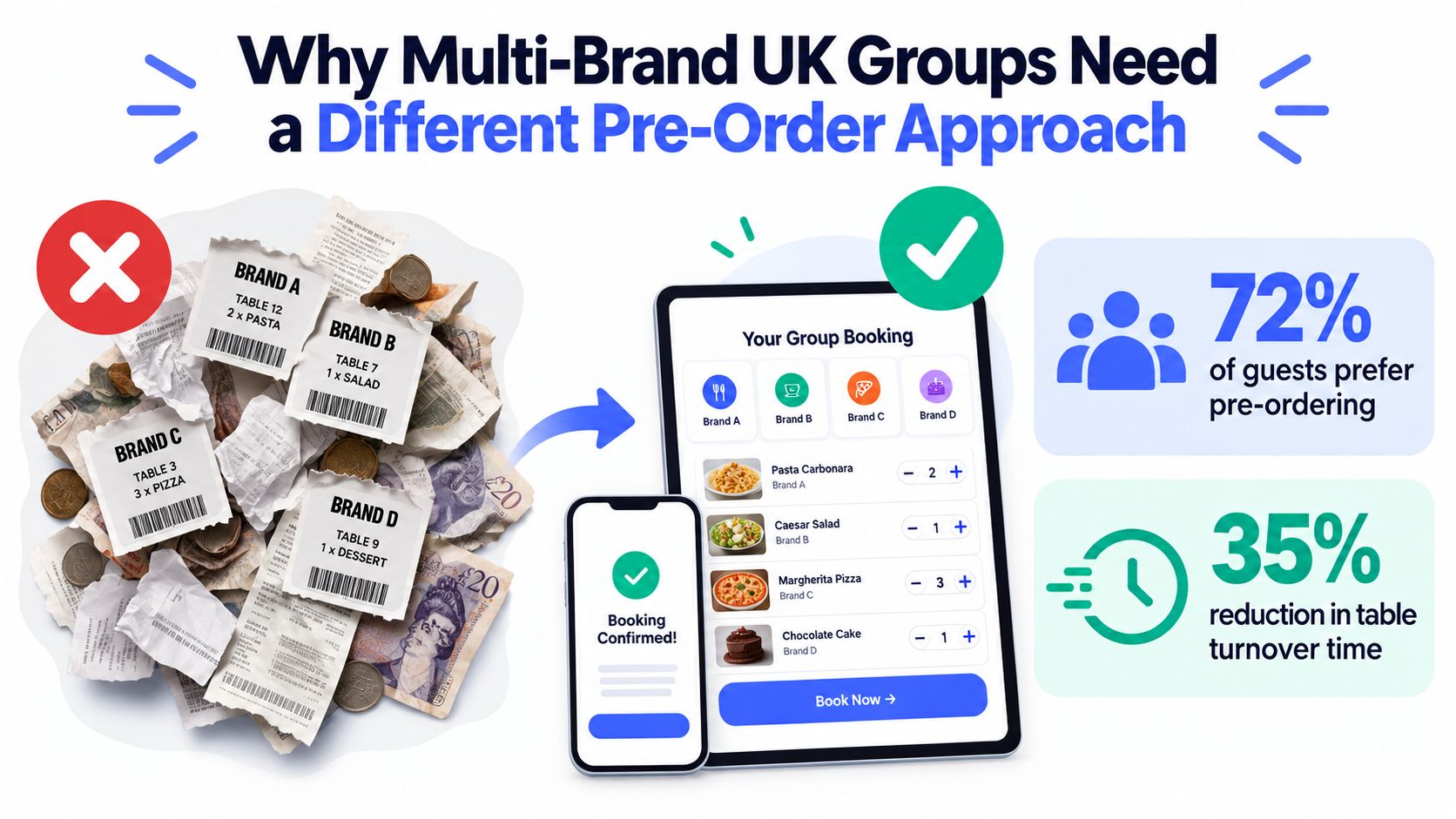 A digital graphic comparing traditional messy paper pre-orders with an efficient mobile restaurant group booking platform.